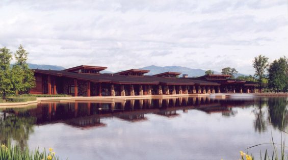 Building next to water feature