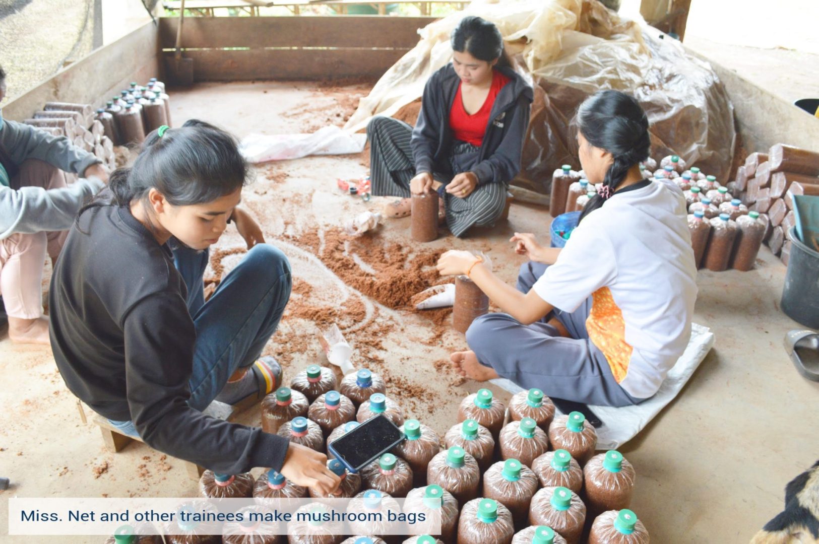 Miss. Net and other trainees make mushroom bags